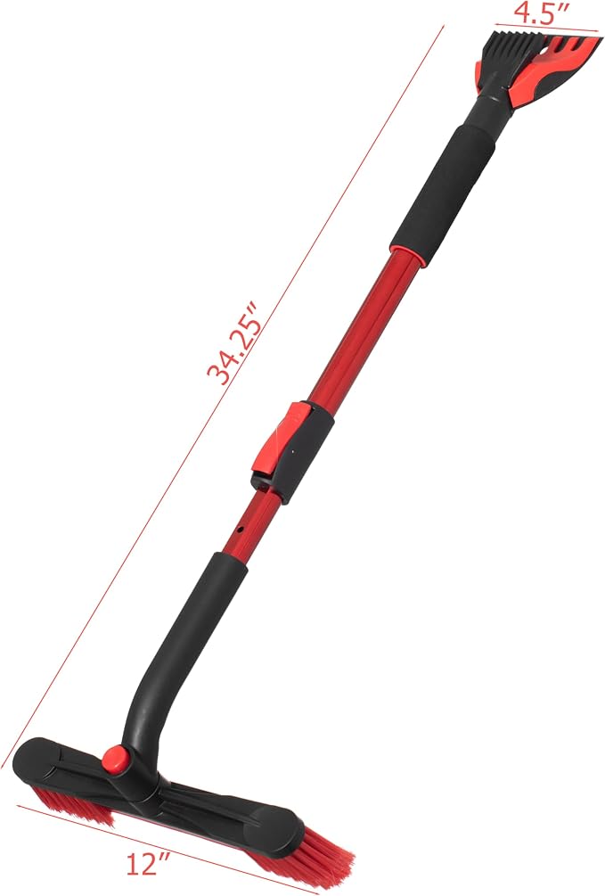 30–40" Extendable Snow Brush with Ice Scraper & Built-in Squeegee, Aluminum Handle, Scratch-Free Bristles, 3-in-1 Winter Car Tool for Cars, SUVs & Trucks, Red