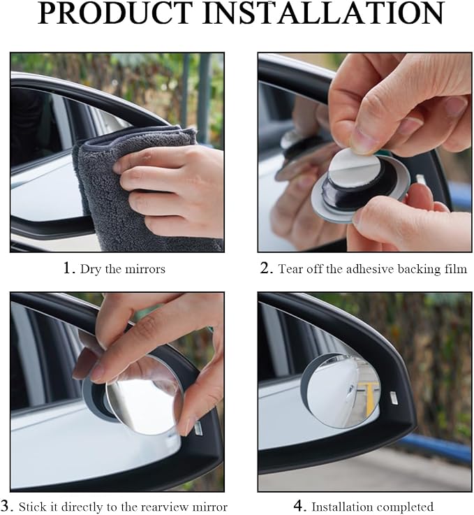 2 PCS Car Blind Spot Mirror, Round HD Glass Convex 360° Rotating Wide Angle Side Mirror, Frameless Car Blindspot Mirror with Self Adhesive for Larger Image and Traffic Safety