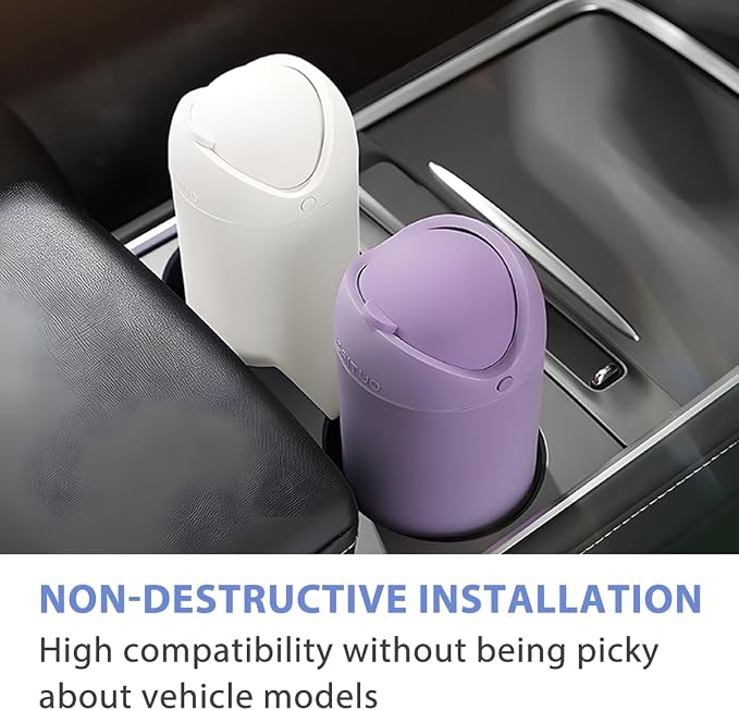 Car Trash Can with Lid, Silicone Leakproof Mini Round Vehicle Garbage Bin for Cup Holder, Portable Automotive Interior Waste Storage & Organizers Accessories, Universal Fit (Purple)