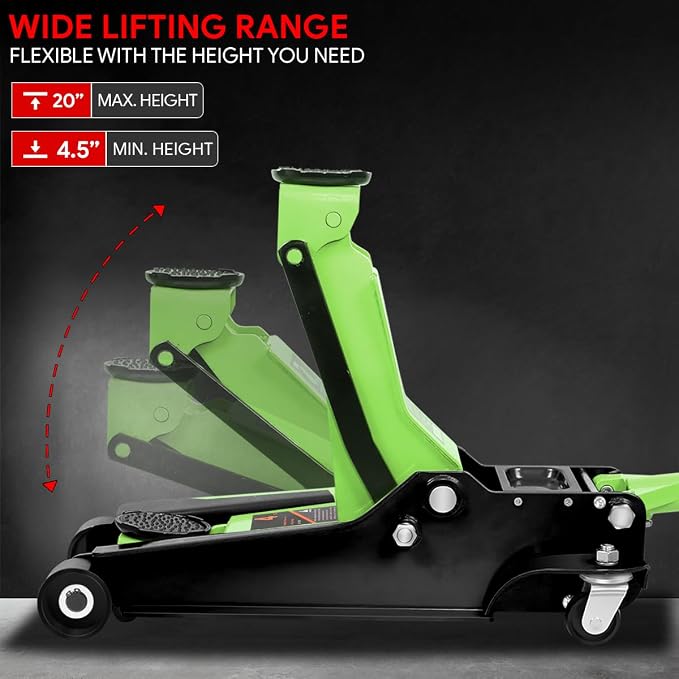 DNA Motoring Low Profile Hydraulic Trolley Service/Floor Jack, 4 Ton (8000 lbs) Capacity, Lifting Range 4.5"-20", Green, TOOLS-00307-GR