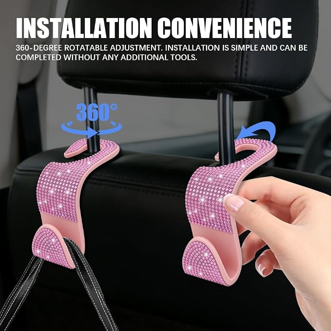 4PCS Bling Car Seat Headrest Hooks, Purse Holder for Car, Vehicle Back Seat Purse Handbag Hanging Holder with Crystal Rhinestone, Diamond Car Rear Seat Organizer for Vehicles (Pink)