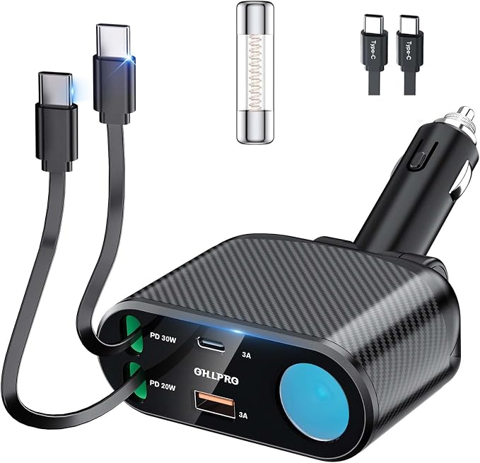 Retractable Car Charger Cigarette Lighter Adapter, 168W 5 in 1 Fast Phone Charging Built-in Replaceable Fuse, Socket Splitter with USB C and USB C Cord, Fit for Phone iPad Galaxy GPS, Grey