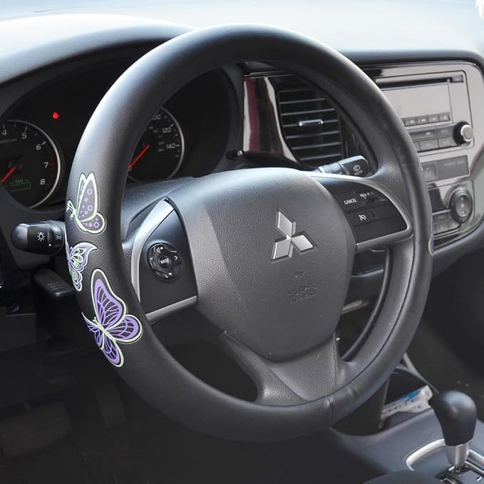 GripGrab Comfort Grip - Purple & Green Butterflies on Black Synthetic Leather Steering Wheel Cover 15 inch