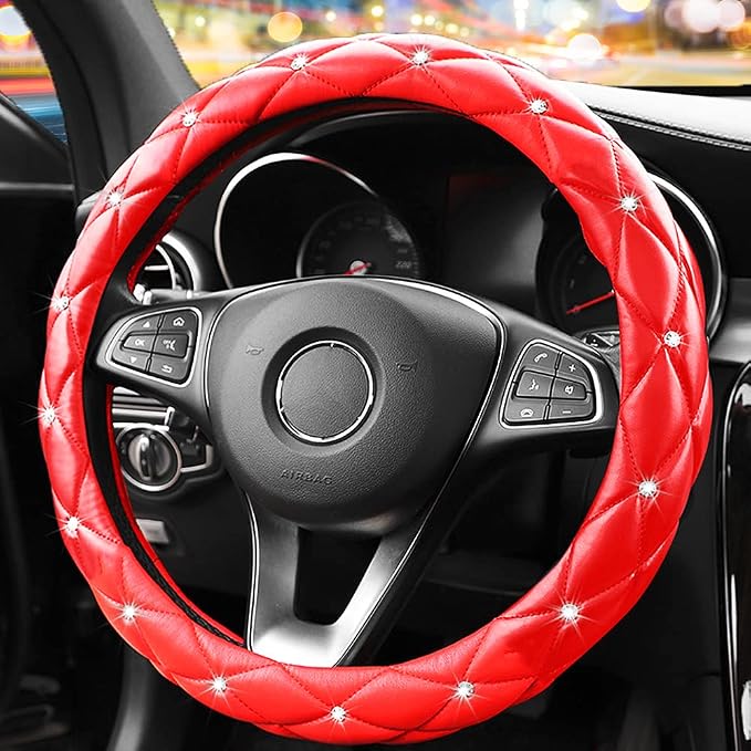 Cute Diamond Soft Leather Anti-Slip Steering Wheel Cover with Bling Bling Crystal Rhinestones, Universal 15 Inch for Women Girls, Fit Vehicles, Sedans, SUVs, Vans, Trucks - Red