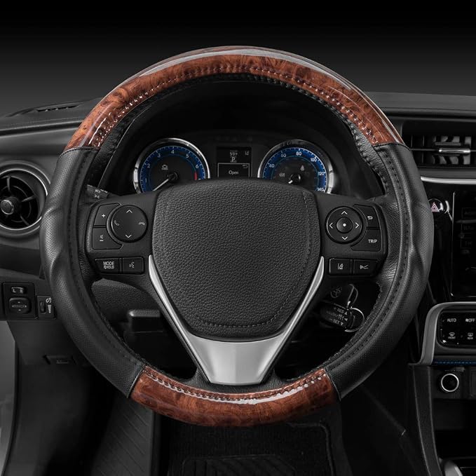 Dark Wood Grain Steering Wheel Cover with Black Faux Leather Comfort Grip, Standard 15 inch Size, Car Steering Wheel Cover for Truck Van SUV Auto