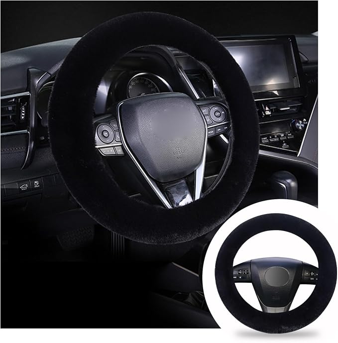 Fuzzy Steering Wheel Cover, 15 inch Soft Wool Fur Steering Wheel Protector, Fluffy Wheel Covers for Winter Warm, Car Interior Decoration Accessories for Women Men (Black)
