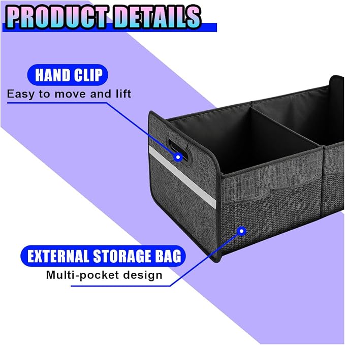 Car Trunk Organizer, Waterproof Large Capacity 600D Oxford Fabric Auto Trunk Storage Container with Pockets, Multi-Compartment Vehicle Storage Box Accessories for Car SUV Truck (Black)