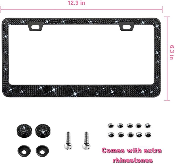 Bling License Plate Frame for Women, 1PCS Sparkly License Plate Frames| Over 1200 pcs 14 Facets Bedazzled Clear Glass Diamond Rhinestone Crystals w/Free Glitter Diamond Box (Black)