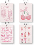 Coquette Pink Bow Car Air Freshener 4 Pcs, Western Cowgirl Boots Cherry Cocktail Lovers Hanging Air Freshener for Cars Closet Drawer Books, Cute Girly Car Accessories for Women Girls