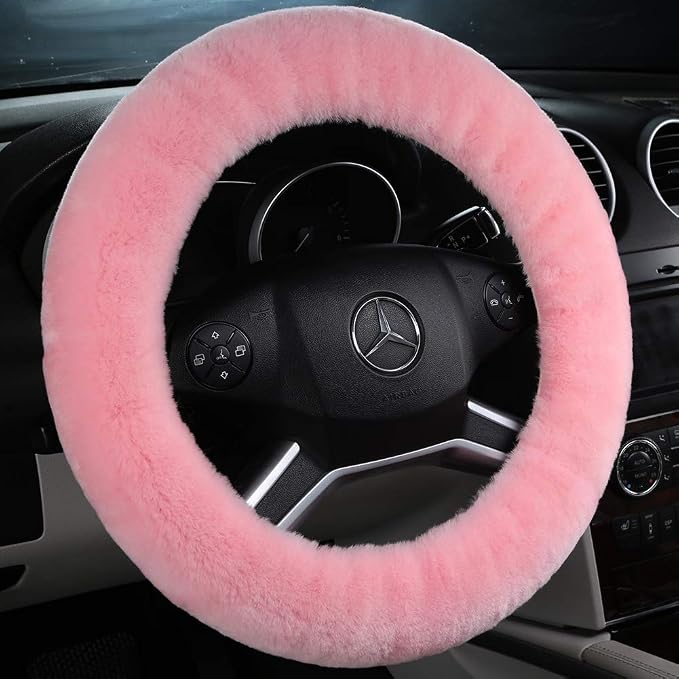 Natural Fur Wool Sheepskin car Steering Wheel Cover,Protector for Universal Steering Wheel 15 Inchs, Anti-Slip,Comforting and Luxurious, Soft Texture, Gift for Women (Korean Pink)