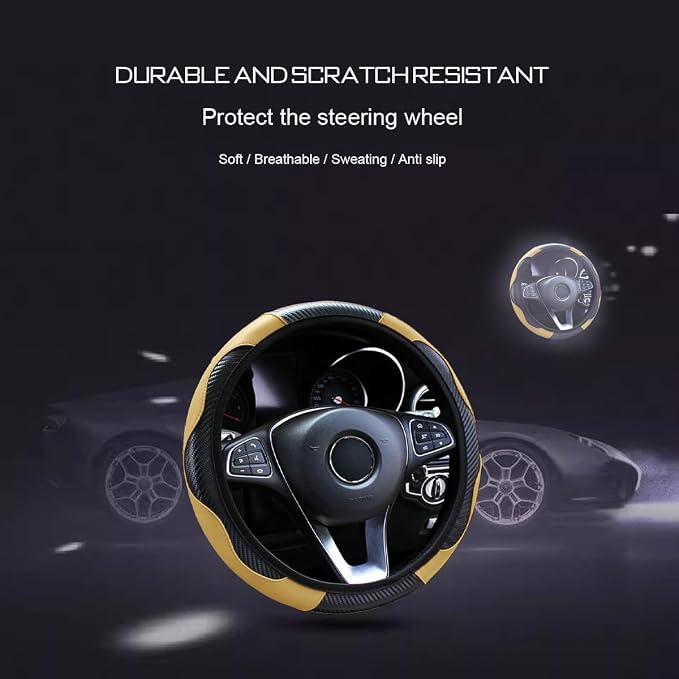 Ultra Fine Carbon Fiber Leather Steering Wheel Cover, Anti Slip and Sun Protective Protect The Steering Wheel, Easy to Install,Universal of 14.5"-15" (Beige)