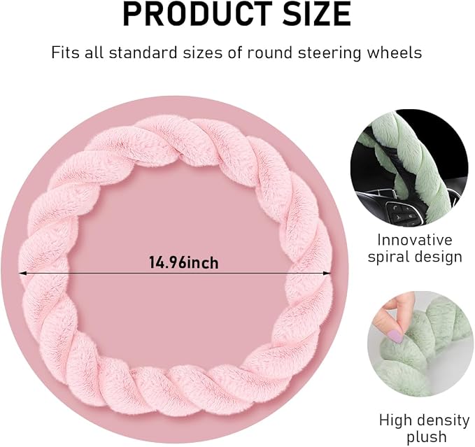 Fluffy Car Steering Wheel Cover, 15 Inches Anti-Slip Round Fuzzy Winter Steering Wheel Protector, Soft Warm Plush Steering Wheel Cover for Women Girls, Car Accessories (Pink, D-Shaped)