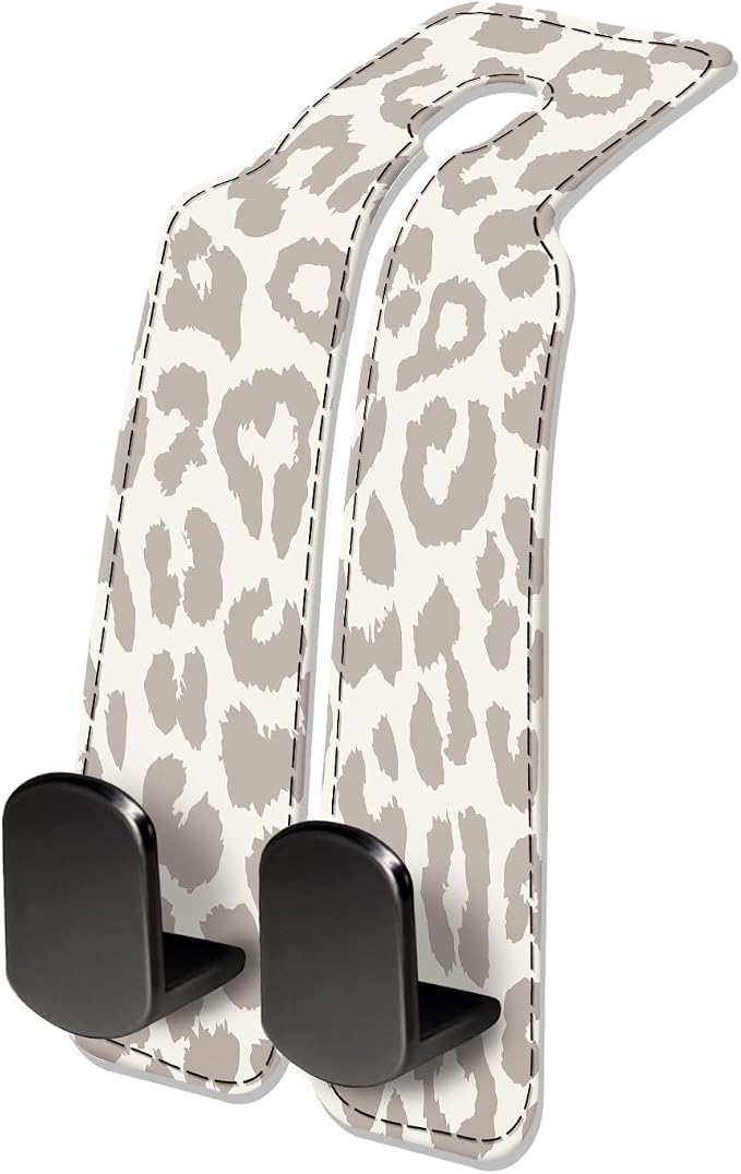 Car Seat Headrest Hook, Universal Leather Cute Hanger Holder Hook, Storage Organizer Interior Accessories for Purse Bags Handbag Luxury Grey Leopard