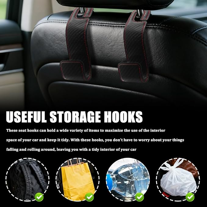 2PCS Car Seat Headrest Hooks, Purse Hook for Car, Automotive Headrest Handbags Holder, Auto Accessories Leather Seatback Organizer Hanger for Hanging Purses Bags Coats (Carbon Fiber, 1PCS)