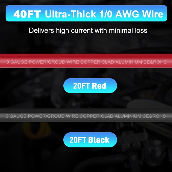 1/0 Gauge Wire 1/0 AWG Battery Cable (20FT Red+20FT Black), Copper Clad Aluminum CCA Amp Wiring Kit, Automotive Wire with Terminals Connectors, for Car Audio Speaker, Marine, RV Trailer