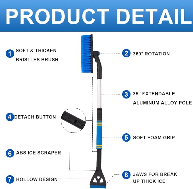 Snow Brush and Ice Scrapers for Car Windshield,Ice Scraper for Freezer,35" Extendable Snow Scraper,Detachable Snow Removal Tool with Ergonomic Foam Grip for Car SUV and Truck (Blue)