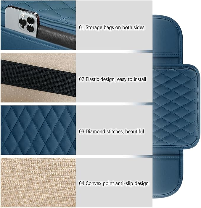 carleef Arm Rest Cover for Car,Leather+Memory Foam Center Console Cover with Storage Bags,Universal Middle Console Cover Car Accessories Interior for Most Cars Center Consoles (Blue)