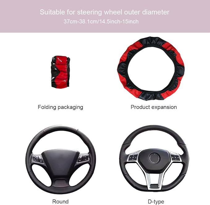 Ultra Fine Carbon Fiber Leather Steering Wheel Cover, Anti Slip and Sun Protective Protect The Steering Wheel, Easy to Install,Universal of 14.5"-15" (Red)