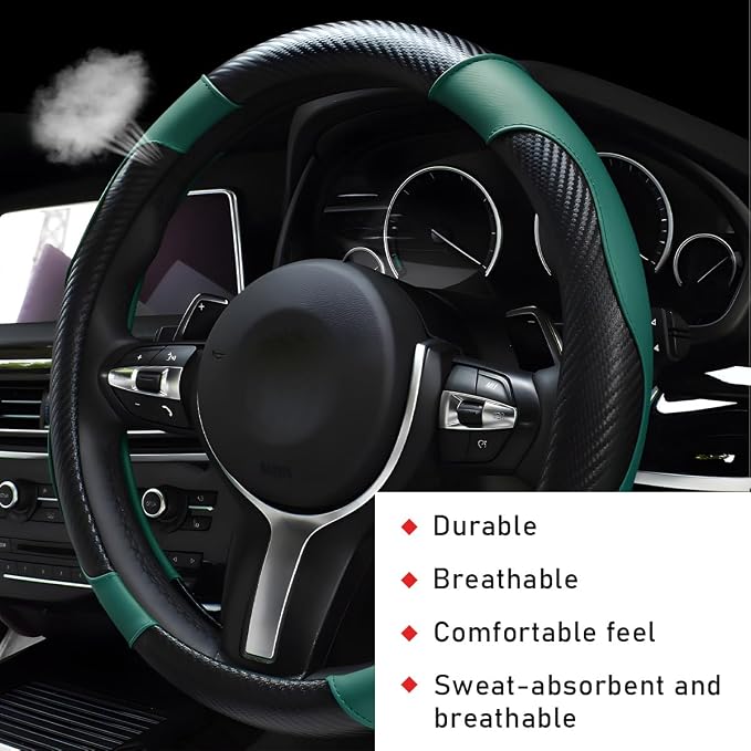 Car Steering Wheel Cover, 15 Inch Leather Breathable Auto Steering Wheel Protector, Comfortable Non-Slip Vehicle Steering Wheel Covers, Universal Car Accessories (Dark Green, with Lining)