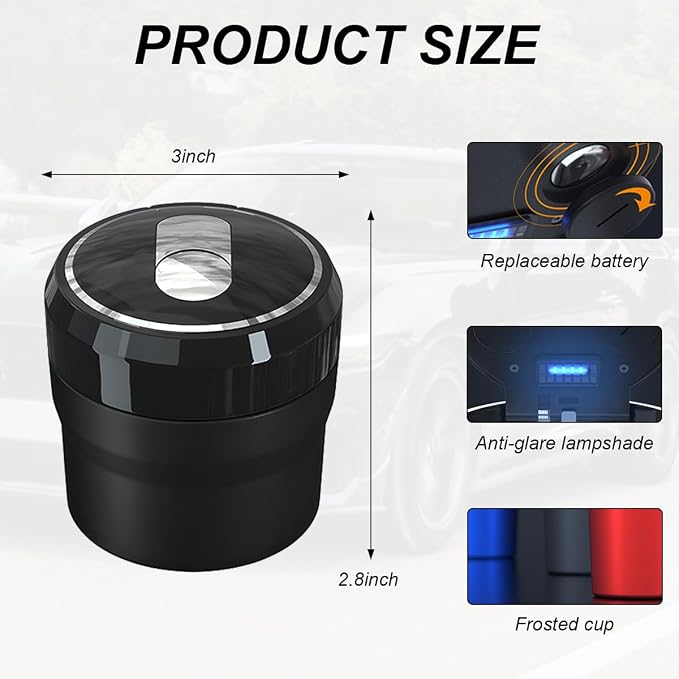 Car Ashtray with Lid, Easy Clean Up Detachable Smokeless Ashtray with LED Blue Light, Portable Mini Ash Tray Cup Holder for Car Home Office Travel, Interior Auto Accessories (Black, Small)