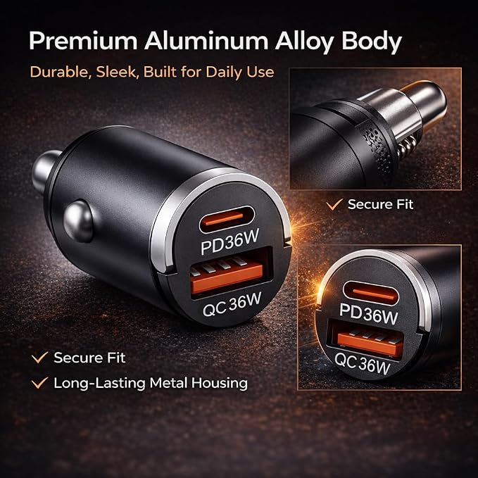 USB C Car Charger Fast Charging, 36W Dual Port Car Charger Adapter, PD 36W USB C & QC USB A, Mini Aluminum Car Charger for iPhone 17/16/15, Samsung, Huawei, iPad, AirPods