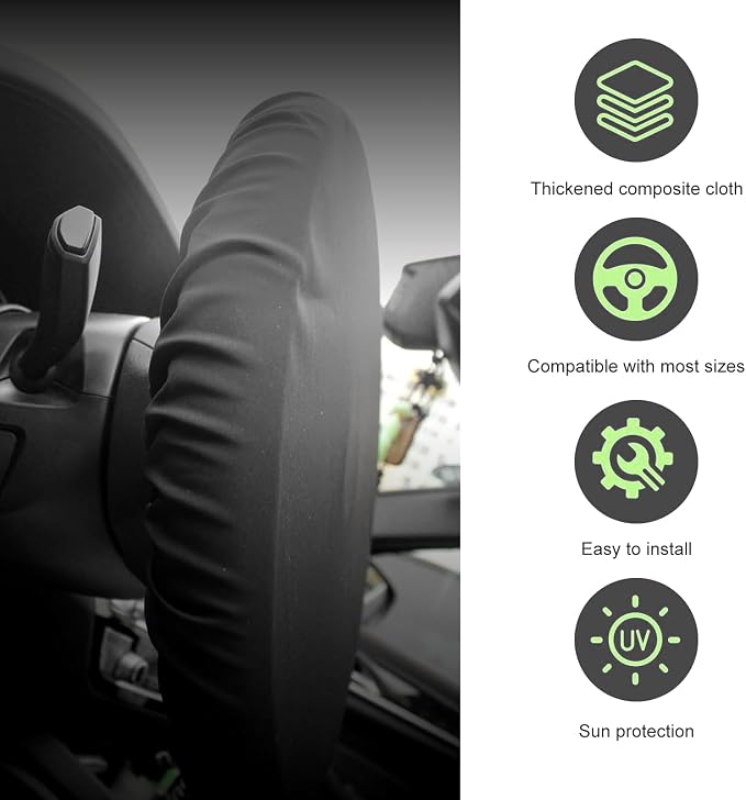 Car Steering Wheel Cover Sun Shade, Anti-heat & Waterproof Steering Wheel Protector, Thickened Composite Scratch-resistant Protective Cover, for Most Cars, Trucks, SUVs (Black)