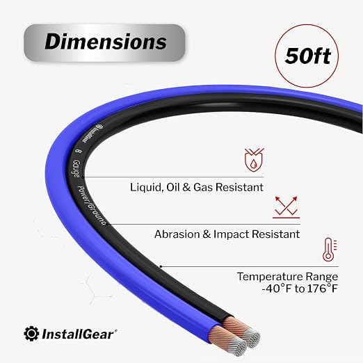 8 Gauge Wire (50Ft) Copper Clad Aluminum CAA - Primary Automotive, Car Amplifier Power and Ground Cable, Battery Cable, Audio Speaker Stereo, RV Trailer Wiring