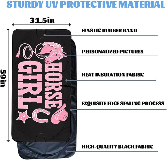 Horse Girl Car Window Sun Shield Cute Pink Cowgirl Western Country Front Window Sun Shade Rays Sun Shade Visor Protector for Car Sedan Truck SUV Accessories 59" L x 31.5" W