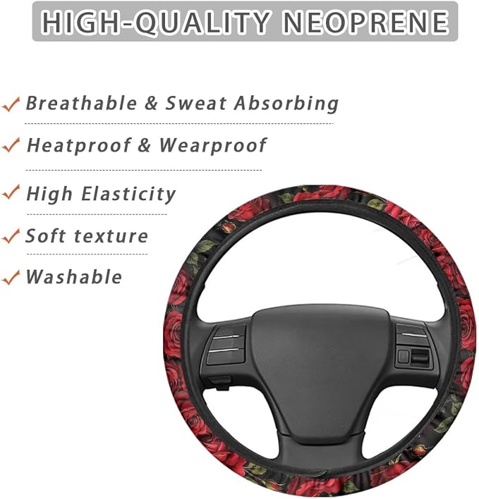 14-15 in Car Steering Wheel Cover Stretch-on Comfortable Grip | Universal Fit Most Car Sedans SUVs, Red Rose Print, Breathable Steering Wheel Protector