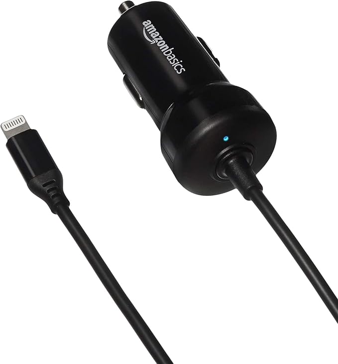 MFi Certified 12W (5V, 2.4A) Car Charger with Lightning Cable for iPhone and Apple Devices, 3 ft, Black