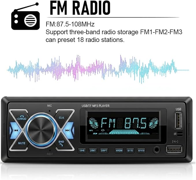 Single DIN Car Radio Headunit Bluetooth Stereo Audio for Handsfree Calling,Phone Charging, FM/ MP3/TF Card/AUX/Time,Dual USB,7 LED Colors