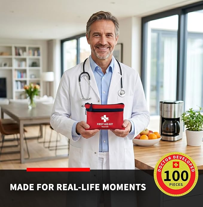 Doctor Developed Mini First Aid Kit, 100 Piece Waterproof Emergency Kit for Car, Boat, Camping & Travel, Includes Emergency Blanket, Tourniquet & First Aid Guide