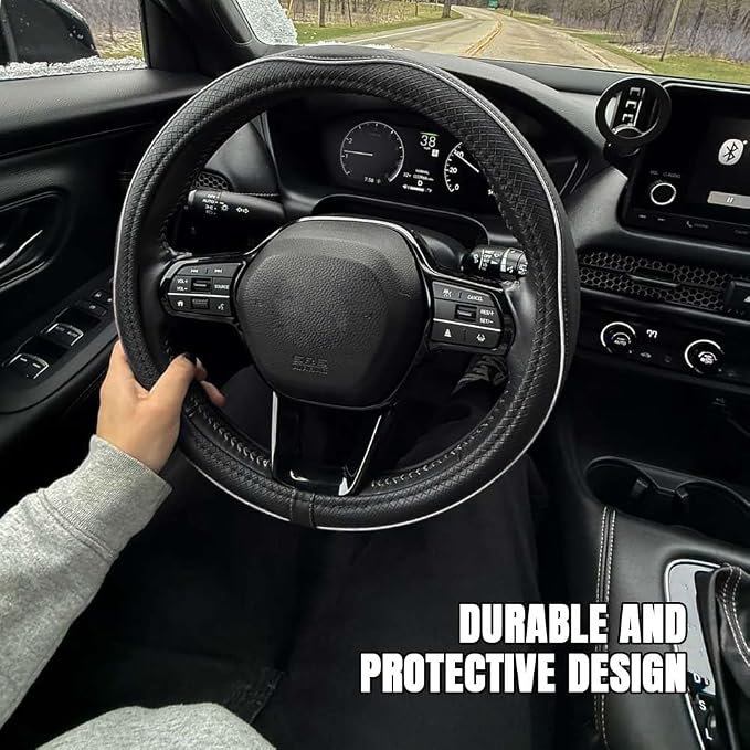 Car Steering Wheel Cover, Durable Leather Cover with Anti-Slip Lining, Breathable Auto Wheel Cover Protector, Universal 15 Inch Anti-Slip Steering Wheels for Men & Women (Black White)
