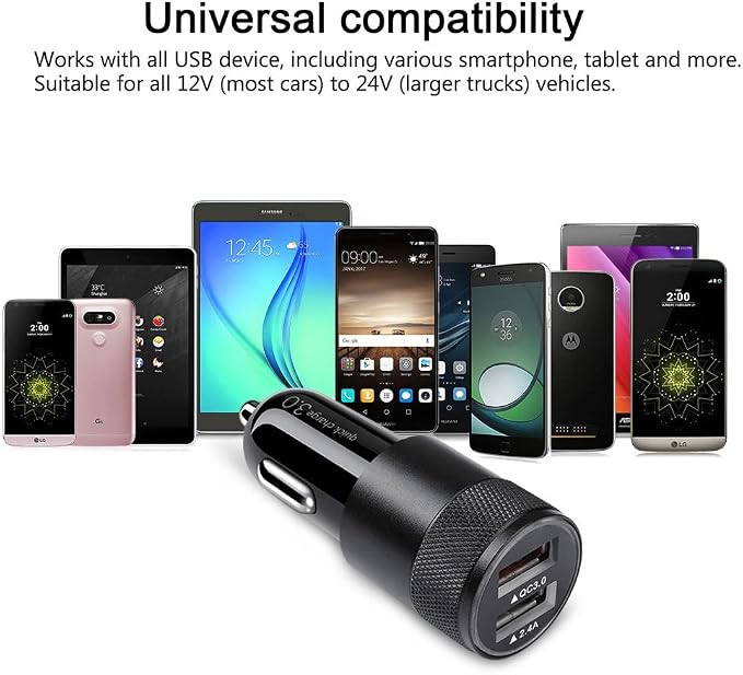 Fast Car Charger, Quick Charging 5.4A/30W Phone USB Adapter Rapid Plug 2 Port Cigarette Lighter Auto Charger Flush Compatible Samsung, Tablet, iPhone, iPad, LG, Automobile