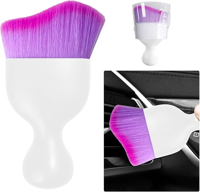 Car Detailing Brush, Curved Soft Bristles Auto Removal Dust Collectors, Universal Vehicle Dashboard, Air Conditioner Vents etc Interior Cleaning Tool Accessory (White/Purple)