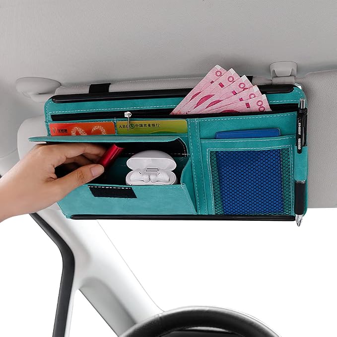 Car Sun Visor Organizer Glasses Case Storage Bag note Holder Car suede Zipper Card Hold Car Organizers and Storage (blue)