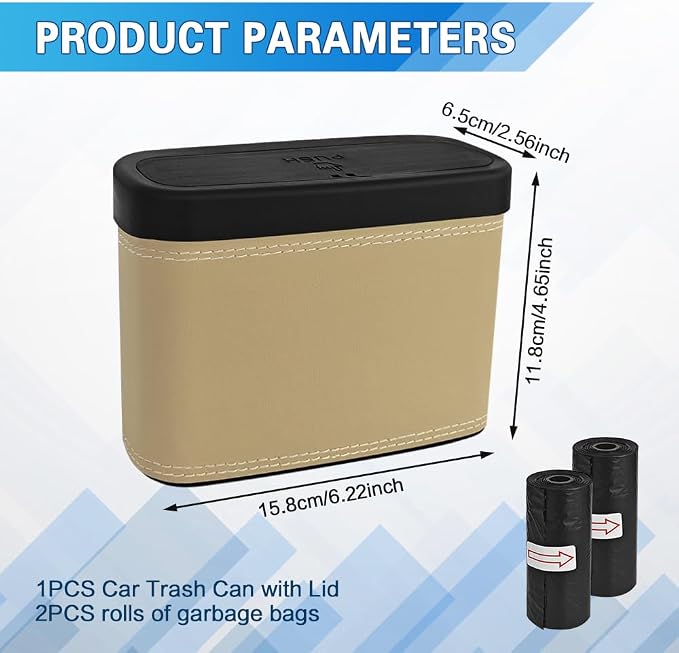 Car Trash Can with Lid, Car Trash Bin, Leakproof Vehicle Garbage Can with 30PCS Garbage Bags, Waterproof Auto Hanging Dustbin Storage Bag Container Accessories Fit SUV Office Home (Beige-1PCS)