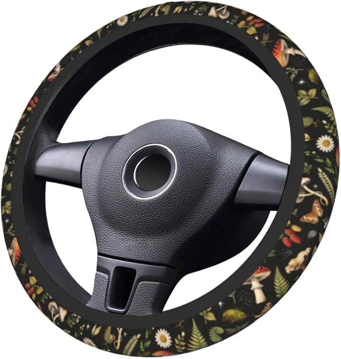 Vintage Mushroom Steering Wheel Cover Universal 14.5-15 Inch, Non-Slip Retro Mushroom Car Accessories for Women Men