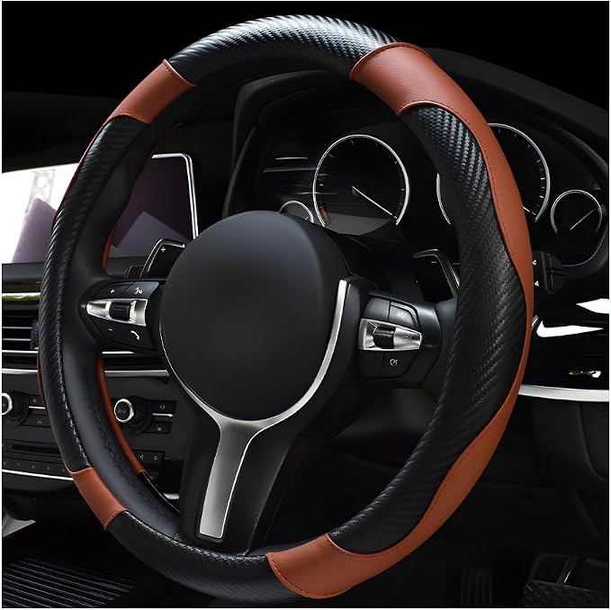 Car Steering Wheel Cover, 15 Inch Leather Breathable Auto Steering Wheel Protector, Comfortable Non-Slip Vehicle Steering Wheel Covers, Universal Car Accessories (Coffee, with Lining)