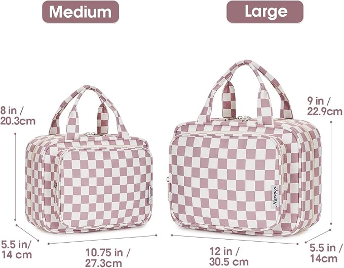 Travel Toiletry Bag for Women Large Hanging Makeup Bag Organizer Toiletries Bag for Full Size Essentials Accessories Cosmetics (Dusty Pink Checkerboard (Large))