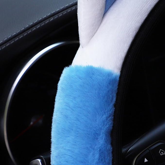 Car Steering Wheel Cover, Fluffy Soft Plush for Winter Warm, Cute Steering Wheel Protector with Kitty Cat Ears, Universal 15 Inch, Elastic & Anti-Slip, Lovely Decor Car Accessories (Blue)