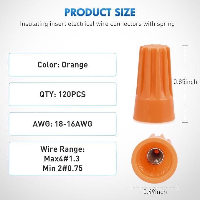 120PCS Orange Wire Connectors Kit 18-16 AWG Electric Wire Caps Insulating Insert Twist Electrical Wire Terminal with Spring for Connect Electrical Wiring Automotive Car Truck Boats Marine