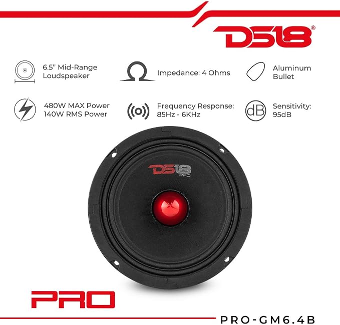 PRO-GM6.4B Loudspeaker - 6.5", Midrange, Red Aluminum Bullet, 480W Max, 140W RMS, 4 Ohms - Premium Quality Audio Door Speakers for Car or Truck Stereo Sound System (1 Speaker)
