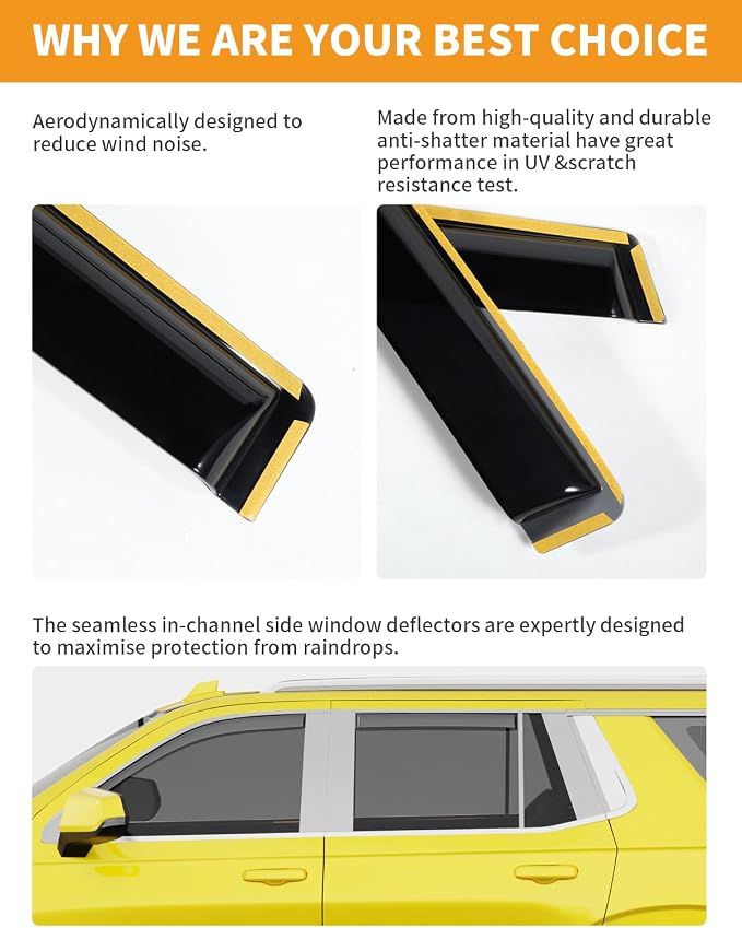 in-Channel Window Rain Guards Fit for Chevy Tahoe/Cadillac Escalade/GMC Yukon 2021-2026 Rain Guard Extra Durable Window Deflectors Vent Visors Vent Shades Exterior Car Accessories-4pcs