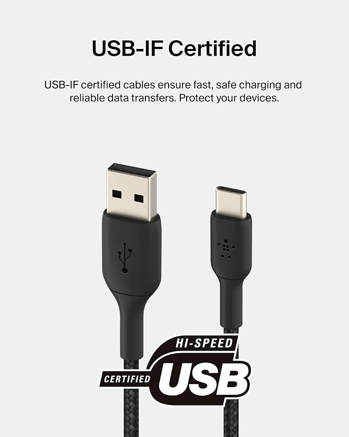 BoostCharge Braided USB-C to USB-A Charging Cable (3.3ft/1M) for iPhone 17 & 16 Series, Samsung Galaxy S25 Series, Google Pixel 10, iPad Pro, Nintendo Switch 2, Carplay, & More - Black (2-Pack)