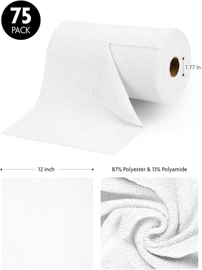 Microfiber Cleaning Cloth Roll- 75 Sheets, 12" x 12" (White) | Super Absorbent, Lint-free, Tear-away Microfiber Towel Roll, for All-Purpose Cleaning, Reusable Alternative to Paper Towels