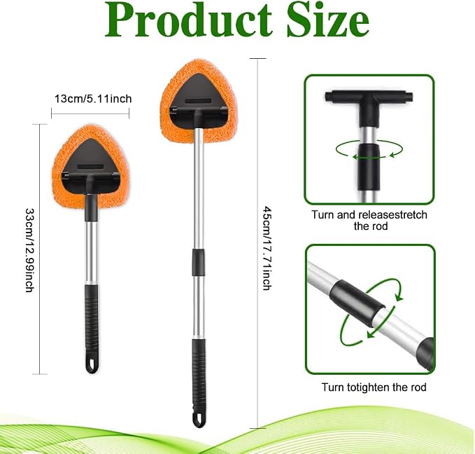 Windshield Cleaning Tool, Car Window Cleaner with Extendable Long Handle and 4 Washable Reusable Microfiber Pads, Auto Interior Exterior Auto Glass Wiper for Windshield, Universal for Cars (Orange)