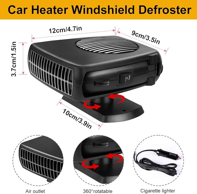 Car Heater, 200W 12V Portable Windshield Defogger and Defroster，2 in 1 Modes Fast Heating &Cooling Fanswith Cigarette Lighter Plug 360 Degree Rotary Base
