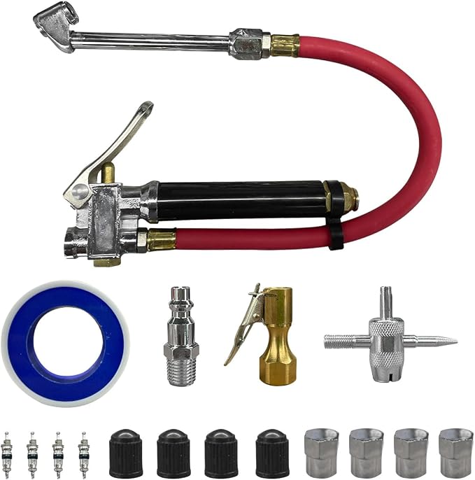 10-120 PSI Tire Pressure Gauge with Inflator 12" Air Hose, Heavy Duty Dual Head Air Chuck with 4 Way Tool and Valve Cores, Tire Inflator Car Accessories for Truck SUV Motorcycle