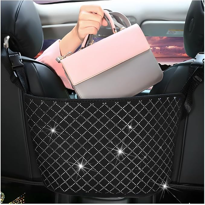 Bling Car Net Pocket Handbag Holder, Rhinestone Vehicle Backseat Purse Organizer Between Seats, Diamond Hanging Storage Bag Barrier of Pet Kids, Universal Automotive Accessories (Black)